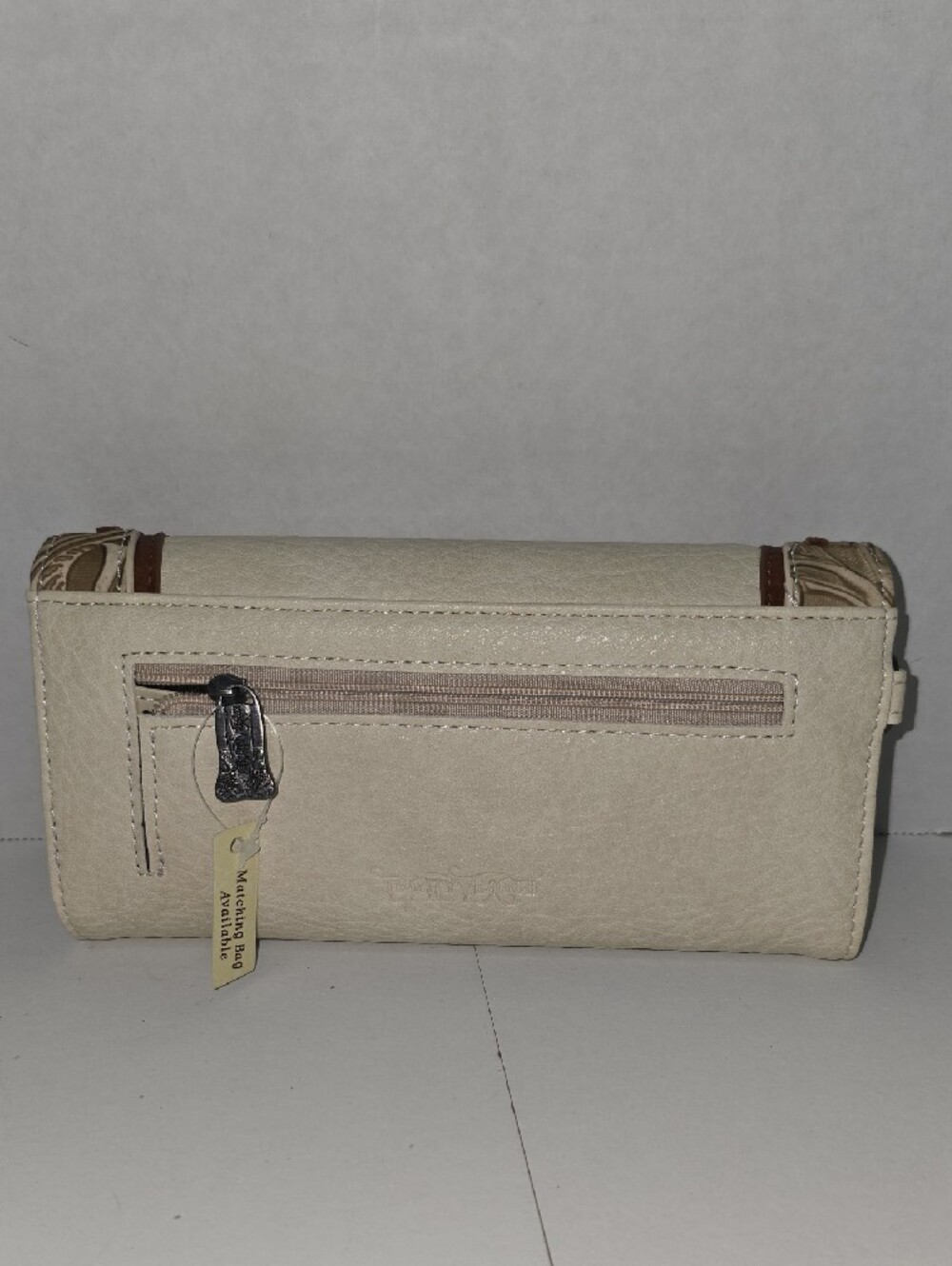 Cream and Brown Tooled Western Wallet with Turquoise Concho - Picture 4 of 10